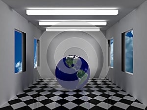 Earth inside futuristic grey room