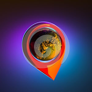 The Earth Inside Of Geotag Red Map Pin. 3d rendering.