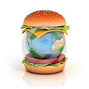 Earth inside hamburger 3d illustration