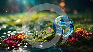 Earth inside a water drop on moss and flower on natural background