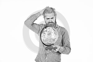 Earth is irreplaceable. Global networking and international business. thinking bearded man with atlas. Social Media