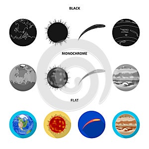 Earth, Jupiter, the Sun of the Planet of the Solar System. Asteroid, meteorite. Planets set collection icons in black