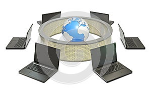 Earth and laptops with abstract firewall