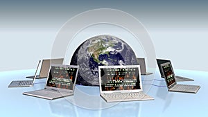 Earth and laptops with random numbers on screen, stock footage