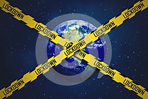 Earth with lockdown text on yellow line tape