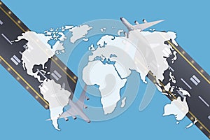 Earth map mockup on two runways with passenger aircraft top view