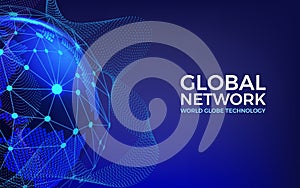 Earth map. World globe, global digital network technology, planet data tech science, blue lights. Web banner, glowing