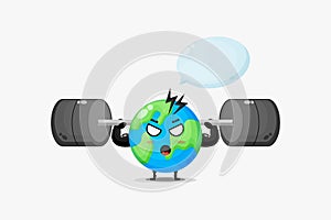 The earth mascot raises a barbell