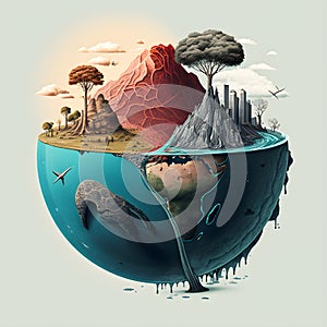 Earth model, illustration showing global warming and pollution concept. The climate change on earth. Enviornment and enviornmental