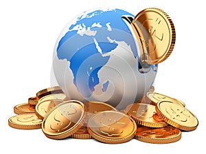 Earth moneybox and golden dollar coin photo
