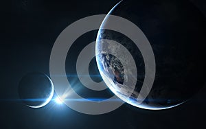 Earth and moon in blue sunlight. Abstract science fiction. Elements of the image are furnished by NASA