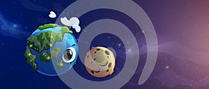 Earth and Moon cartoon characters in deep space