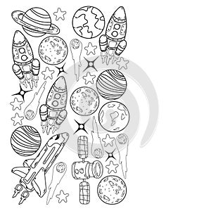 Vector doodle space pattern. Earth, Moon, Jupiter, Sun, Saturn.