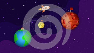 Earth, Moon, Mars on the space background with stars, comets. Cartoon rocket flight to the Mars. Space trip from the Earth to Mars