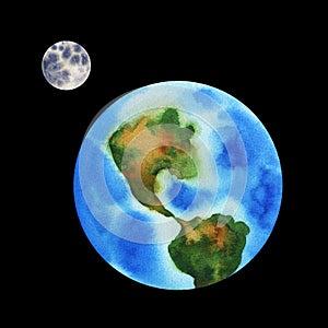 Earth and moon. Planets of our solar system isolated on transparent background. Watercolor Illustration on background of