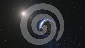 Earth and moon rotating and approach in open space