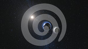 Earth and Moon rotating and approach in open space