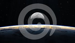 Earth with moon from space, sunset or sunrise. Astronomy background