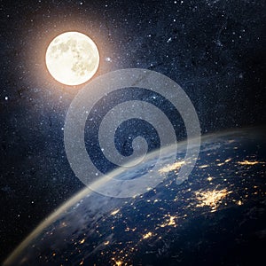 Earth and moon. Universe background.