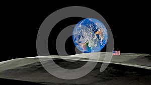 Earth from Moon vs USA - America flag. Planet Earth from space 3D illustration Elements of this image furnished by NASA.