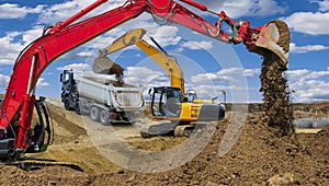 Earth mover and excavator at work in construction site