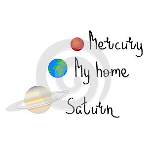 Earth is my home abstract quote lettering with planets Saturn and Mercury. Calligraphy inspiration graphic design