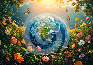 Earth nestles in a lush field of vibrant blooms, symbolizing unity and ecological diversity. A visual celebration for the