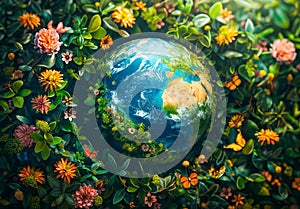 Earth nestles in a lush field of vibrant blooms, symbolizing unity and ecological diversity. A visual celebration for the