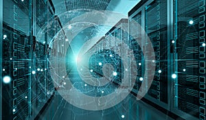 Earth network flying over server room data center 3D rendering
