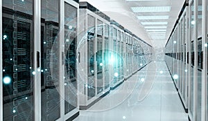 Earth network flying over server room data center 3D rendering