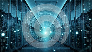 Earth network flying over server room data center 3D rendering