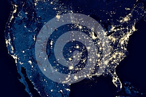 Earth at night, view of city lights in United States from space. USA on world map on global satellite photo. US terrain on dark