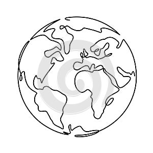 Earth. One line globus, world planet graphic icon, america, europe and asia global technology, simple continuous shape