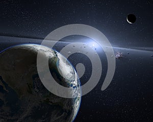Earth in the outer space with beautiful moon. Elements of this image furnished by NASA