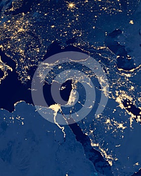 Earth photo at night, City Lights of Europe, Middle East. Satellite photo. Elements of this image furnished by NASA.