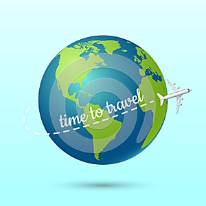 Earth and plane with time to travel the world concept, vector