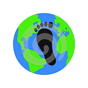 Earth planet and black carbon footprint on it. Environmental pollution symbol. Reducing emissions of carbon dioxide