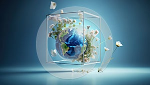 Earth planet on blue gradient background with white flowers for environmental concept