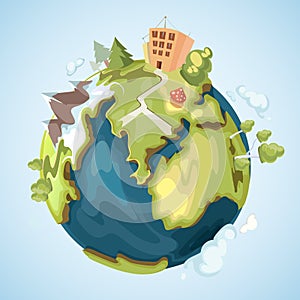 Earth planet with buildings, trees, mountains and nature elements vector illustration in cartoon style