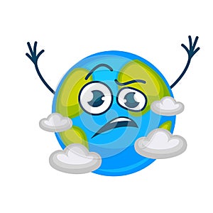 Earth planet cartoon vector character sad or angry in clouds with raised hands