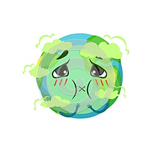 Earth planet character suffocating from carbon dioxide, atmospheric pollution vector Illustration