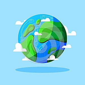 Earth planet with clouds vector cartoon illustration isolated on blue background.