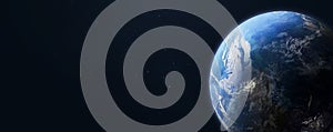 Earth planet in dark outer space on background.