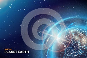 Earth planet. Digital world. Global space technology connect with globe map. Internet connection. Future network