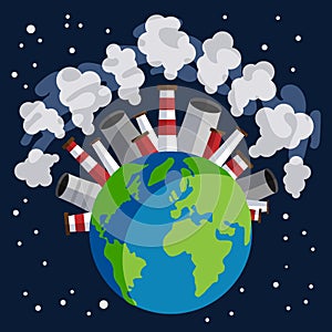 Earth planet earth globe filled with polluting factories expelling harmful gases, environmental concept