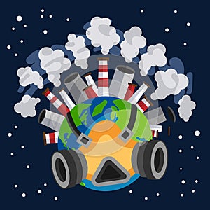 Earth planet earth globe with a gas mask on protecting itself from harmful gases expelled by factories, pollution concept