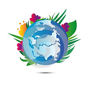 Earth planet with flowers on white background. Earth day. Vector.