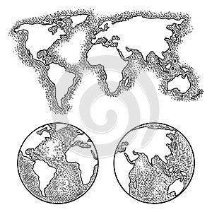 Earth planet globe and map. Vector black vintage engraving illustration