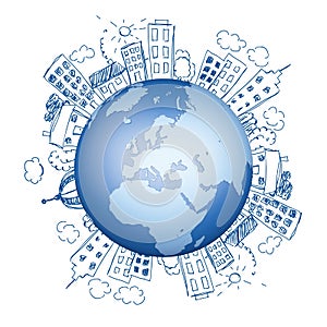 Globe of the earth planet on blue background