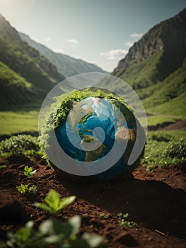 Earth planet with grass and mountains in the background. Global warming concept.